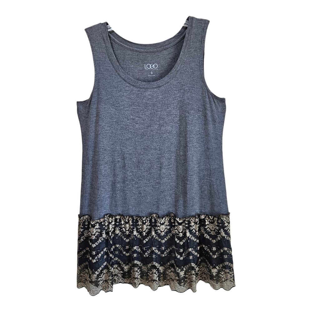 LOGO Lori Goldstein Women's S Tunic Tank Top Gray Black Gold Lace Ruffle 34"